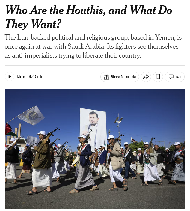 NYT: Who Are the Houthis, and What Do They Want?