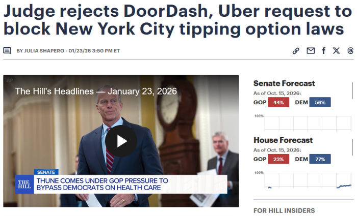 The Hill: Judge rejects DoorDash, Uber request to block New York City tipping option laws 