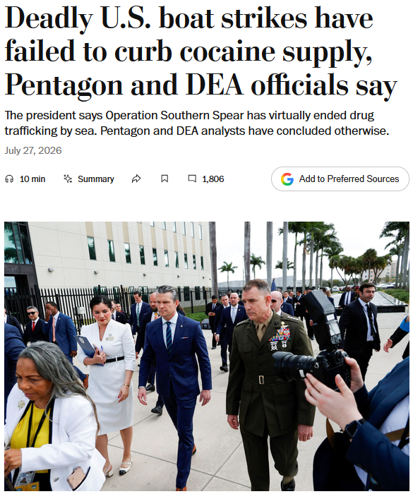 WaPo: Deadly U.S. boat strikes have failed to curb cocaine supply, Pentagon and DEA officials say