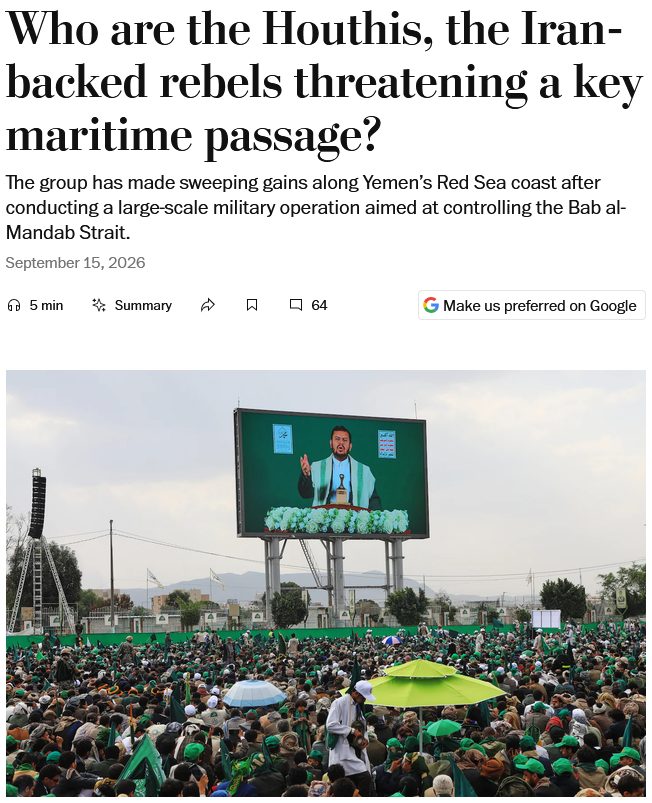 WaPo: Who are the Houthis, the Iran-backed rebels threatening a key maritime passage?